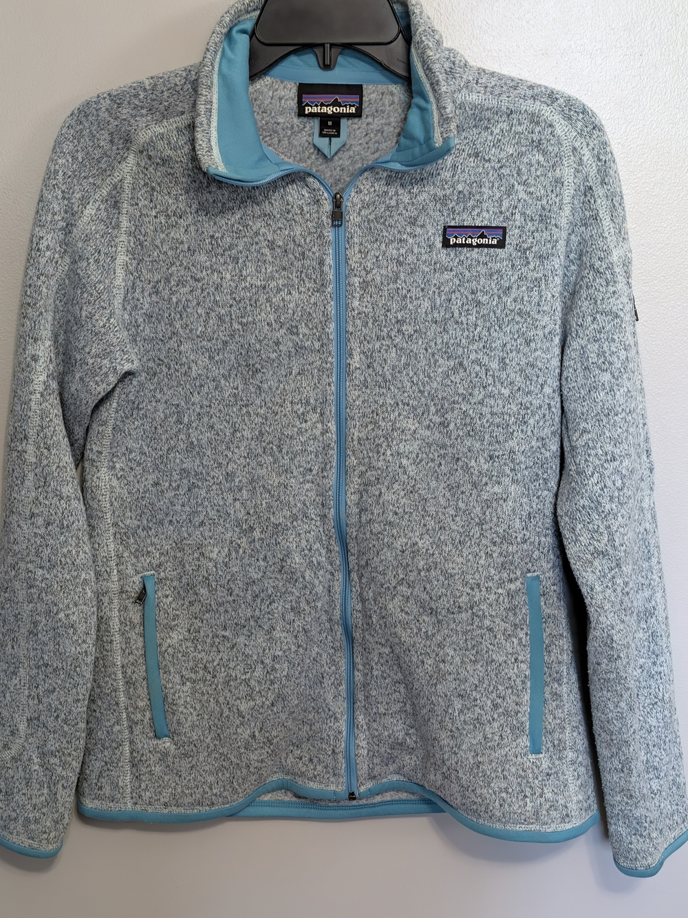 Women's Patagonia Better Sweater Gray Fleece Jacket with Aqua Trim Sz Med